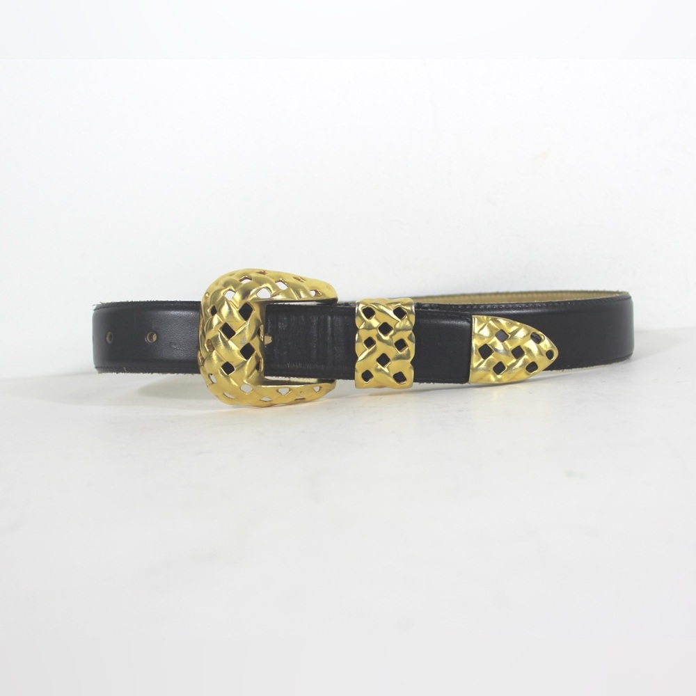 Black Leather Belt with Basketweave Gold Metal Buckle, Keeper and Gold Tip Fancy